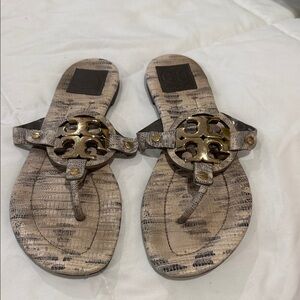 Tory Burch Gold Logo Thong Sandals in Taupe Snake-Print
